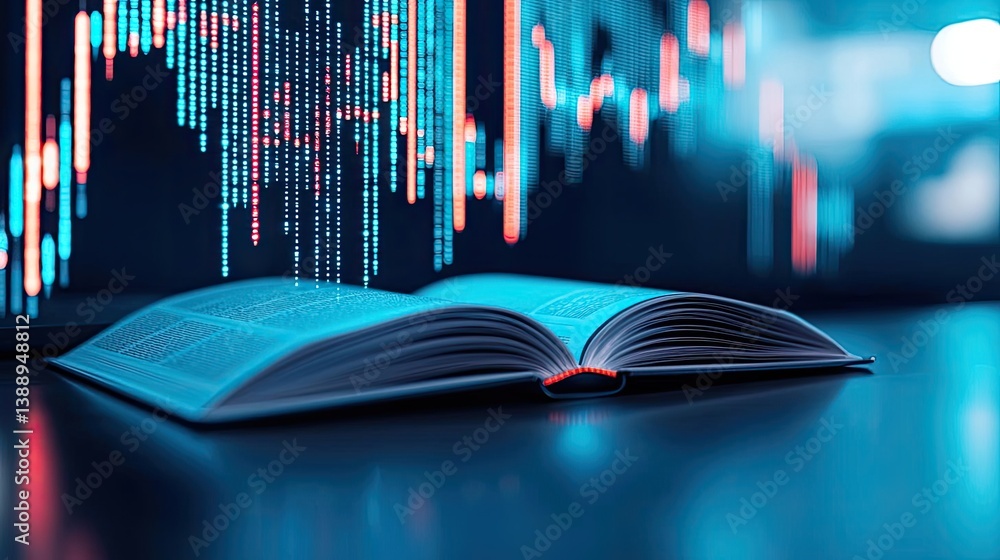 Poster open book displaying stock market trends with technology concept. digital book on a table with finan