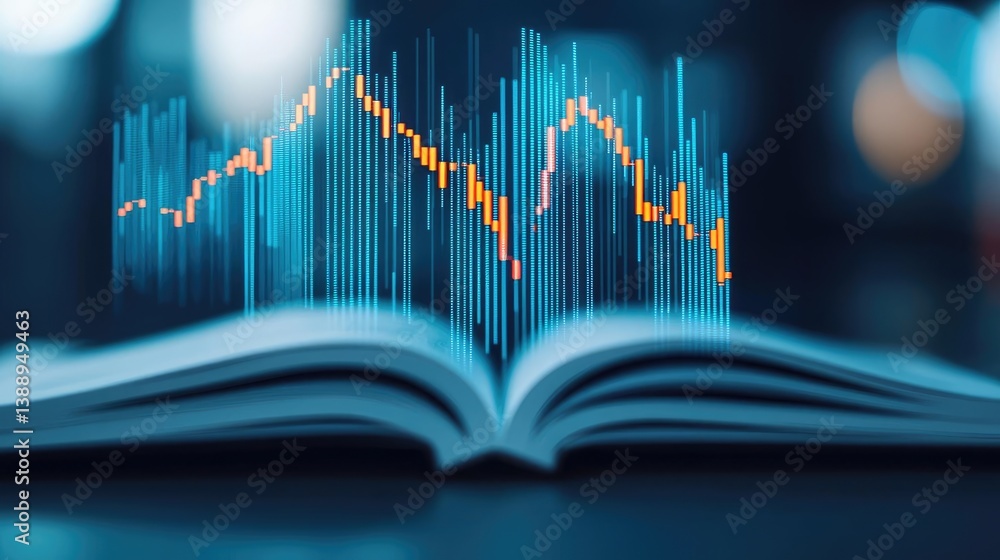Poster open book unveiling stock market movements through technology concept. abstract image of a book with