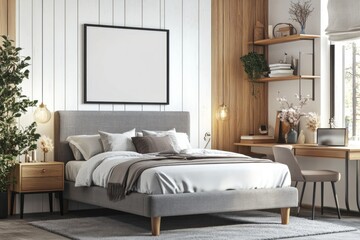 Interior design of a modern bedroom with a comfortable bed