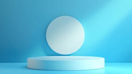 Blank white circle on light blue pedestal.  Display for product presentation