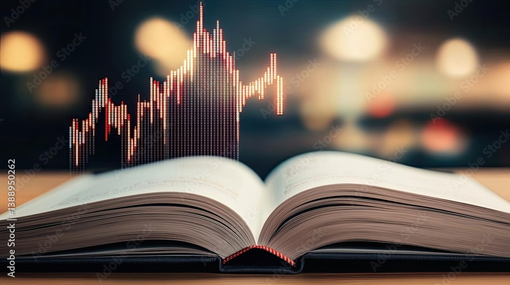 Aufkleber open book displaying stock market trends with technology concept. open book with financial graph ove