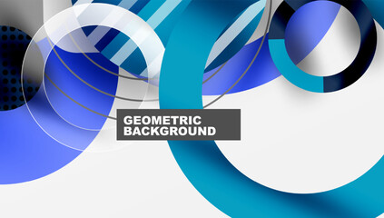 Fototapeta premium Abstract design. Overlapping circles, lines create dynamic composition. Blue, white tones dominate. Modern, clean aesthetic. Minimalist style.