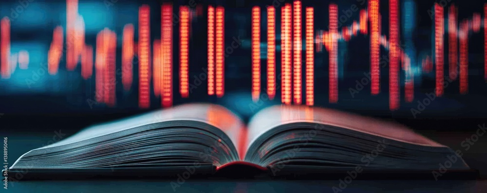 Poster open book displaying stock market trends with technology concept. open book with data trends display