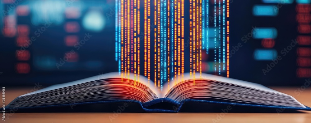 Poster open book displaying stock market trends with technology concept. an open book with digital data eme