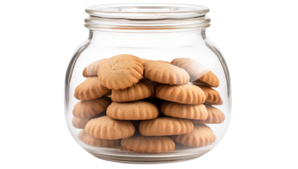 A glass jar filled with a stack of round tan colored cookies on a plain black and white background on transparent background