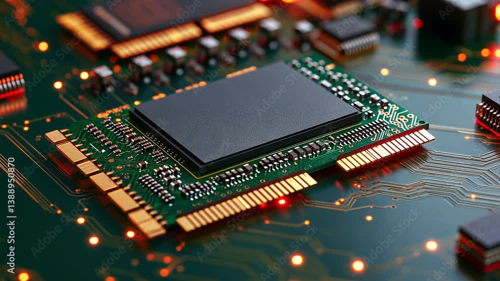 Poster detailed view of a complex microchip on a circuit board, high tech innovation
