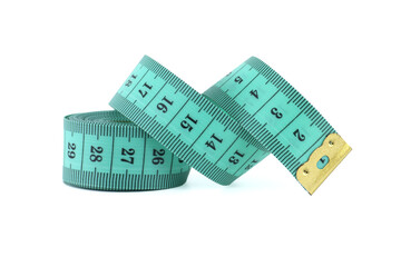A curled turquoise measuring tape isolated on white, used for precise measurements in sewing.