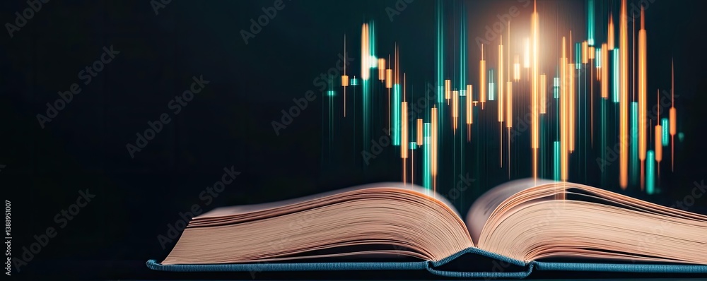 Aufkleber open book unveiling stock market movements through technology concept. an open book with financial g
