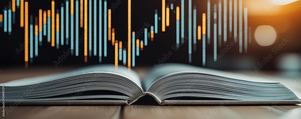 Poster open book unveiling stock market movements through technology concept. an open book with a backgroun
