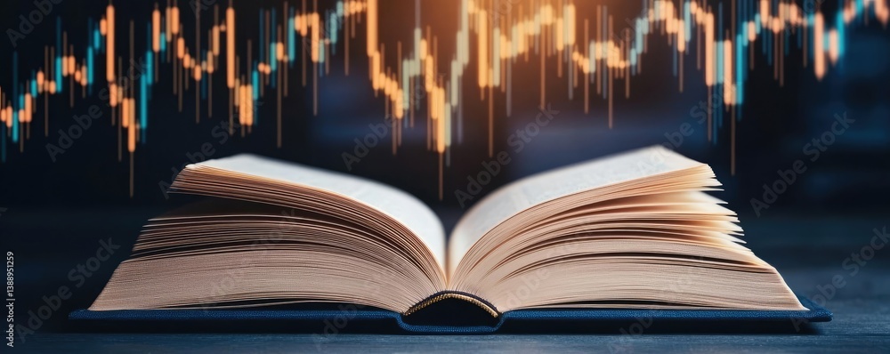 Aufkleber open book unveiling stock market movements through technology concept. an open book with financial g