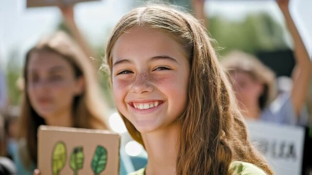 Group of young activists holding protest signs and smiling during a demonstration for environmental protection, showing their commitment to a sustainable future