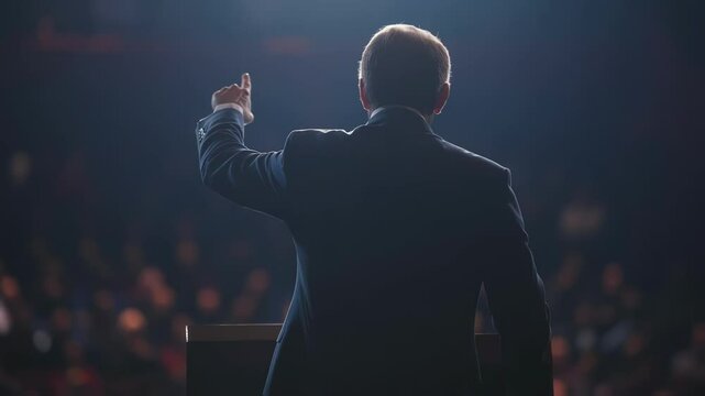 Politician delivering an engaging speech to an attentive audience while raising an index finger in a bustling convention center, embodying leadership and inspiring communication
