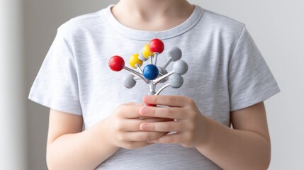 Child holding a colorful molecular model.