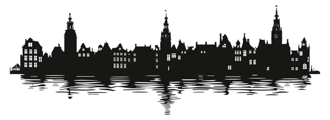 Europe City skyline. Black vector silhouette. Horizontal landscape border.