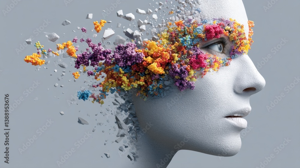 Poster conceptual portrait with fragmented features and colors.