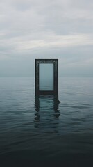 Framed portal floats on calm, overcast sea