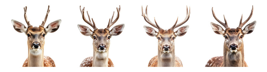 Fototapeta premium Group of Male Deer with Antlers Posed Against a White Background, PNG bundle collection, Isolated on Transparent Background