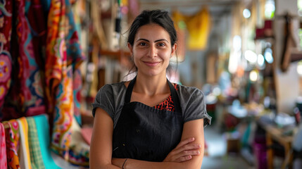 Obraz premium South Asian woman dressmaker in apron in a bustling textile workshop, surrounded by fabrics, threads, and sewing tools. She exudes skill and dedication, embodying the craftsmanship of garment c