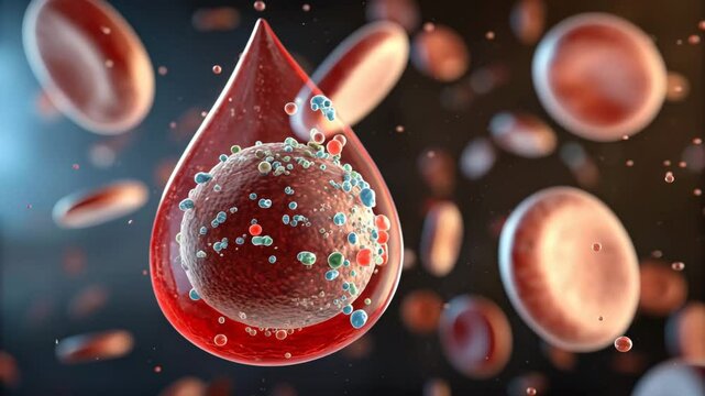 Microplastic pollution concept. A detailed 3D visualization of a blood droplet containing a cell surrounded by diverse molecules and red blood cells.