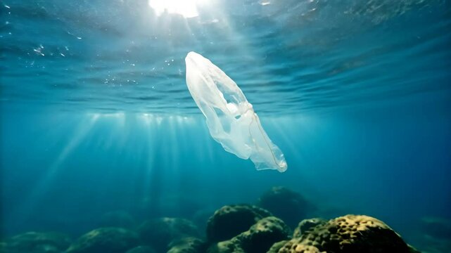 Microplastic pollution concept. A clear plastic bag floats gracefully underwater, surrounded by shimmering blue water and light rays filtering from above.