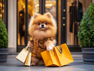 A fluffy Pomeranian fashionista poses confidently in a boutique with designer bags. Dressed to impress, this adorable pet exudes luxury, charm, and street-style flair.