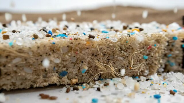 Microplastic pollution concept. A close-up view of a sandy substrate mixed with colorful plastic particles and small organic materials.