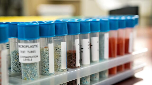 Microplastic pollution concept. A collection of test tubes labeled for measuring microplastic contamination levels, containing various colored particles for research purposes.