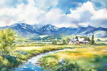 Fototapeta premium Watercolor painting of a rural landscape with mountains and a small house