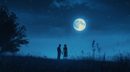 Obraz premium Couple silhouetted against moonlit night, romantic scene, idyllic field. Ideal for romance, love, dreams