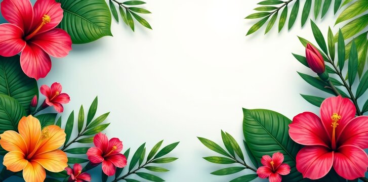 Colorful exotic blooms and tropical foliage in a vibrant summer design, vibrant, blooms, exotic