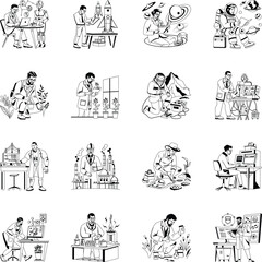 Collection of Glyph Style Science Characters Illustrations 