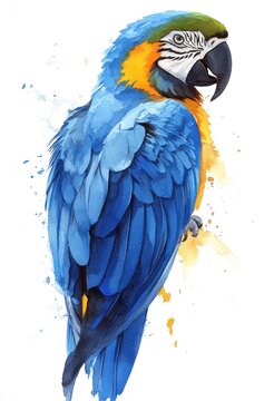 A colorful watercolor painting portrays a beautiful exotic blue parrot