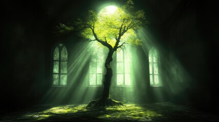 Fototapeta premium A lone tree bathed in ethereal light, in a decaying church