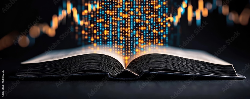 Poster open book unveiling stock market movements through technology concept. open book with digital data s