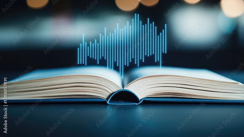 Poster open book with vertical digital lights chart in technology concept. an open book with sound waves il