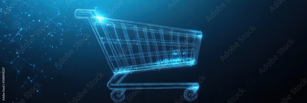 Poster sleek shopping cart icon with glowing digital lines on deep blue gradient background showcasing a fu