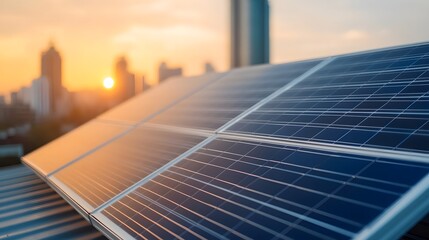 Solar Panels Installed on Urban Rooftops Reflecting Sunlight