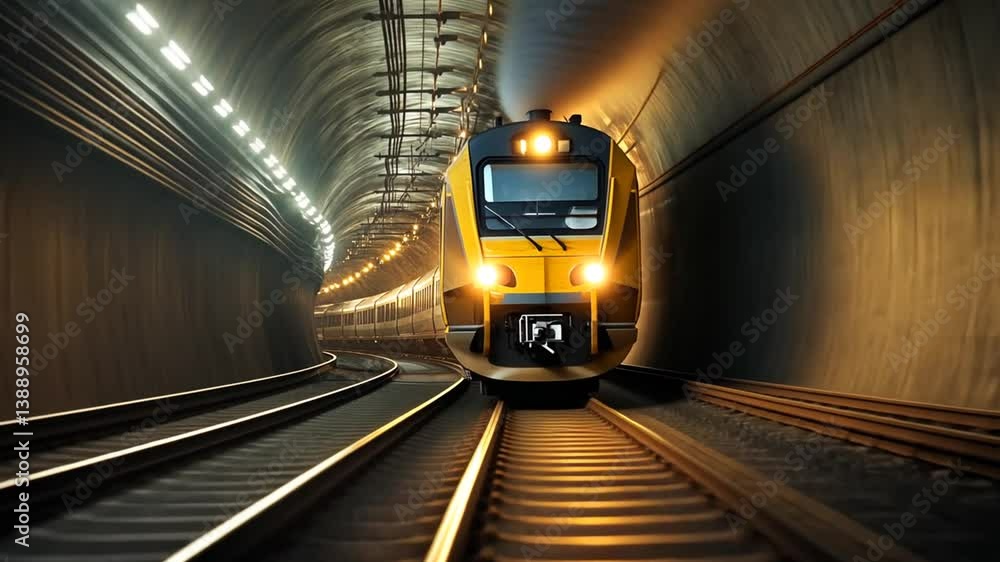Poster modern commuter train approaching through illuminated tunnel with perspective view
