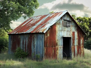 Weathered Tin Shack: A Rustic Relic of Rural America, Fading into Time and Nature's Embrace