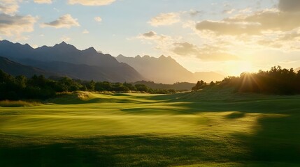 Naklejka premium Picturesque Green Golf Course with Majestic Mountain Backdrop at Sunset
