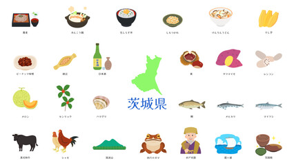 茨城県の名物や特産品のイラスト。フラットなベクターイラストセット。 Illustrations of Ibaraki's specialties and local products. Flat vector illustration set.