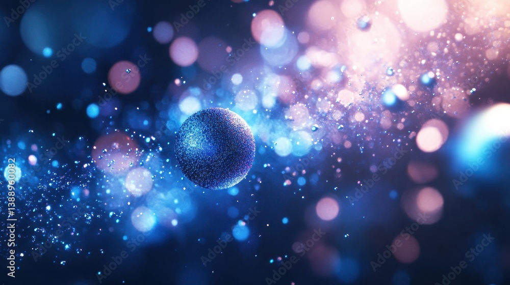 Poster futuristic energy particles: abstract background with deformed spheres and bokeh effects