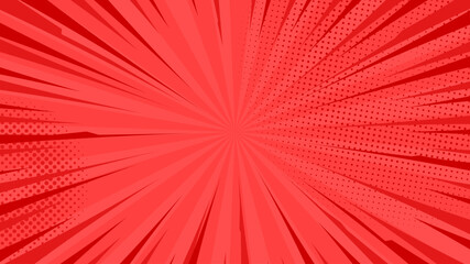 Comic pop art background. Vintage retro design. Red radial backdrop with halftone elements and bubble.