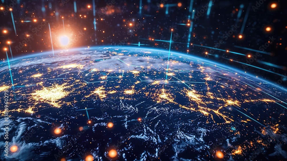 Poster earth with glowing network and cyberspace wireless connection concept. stunning view of earth illumi