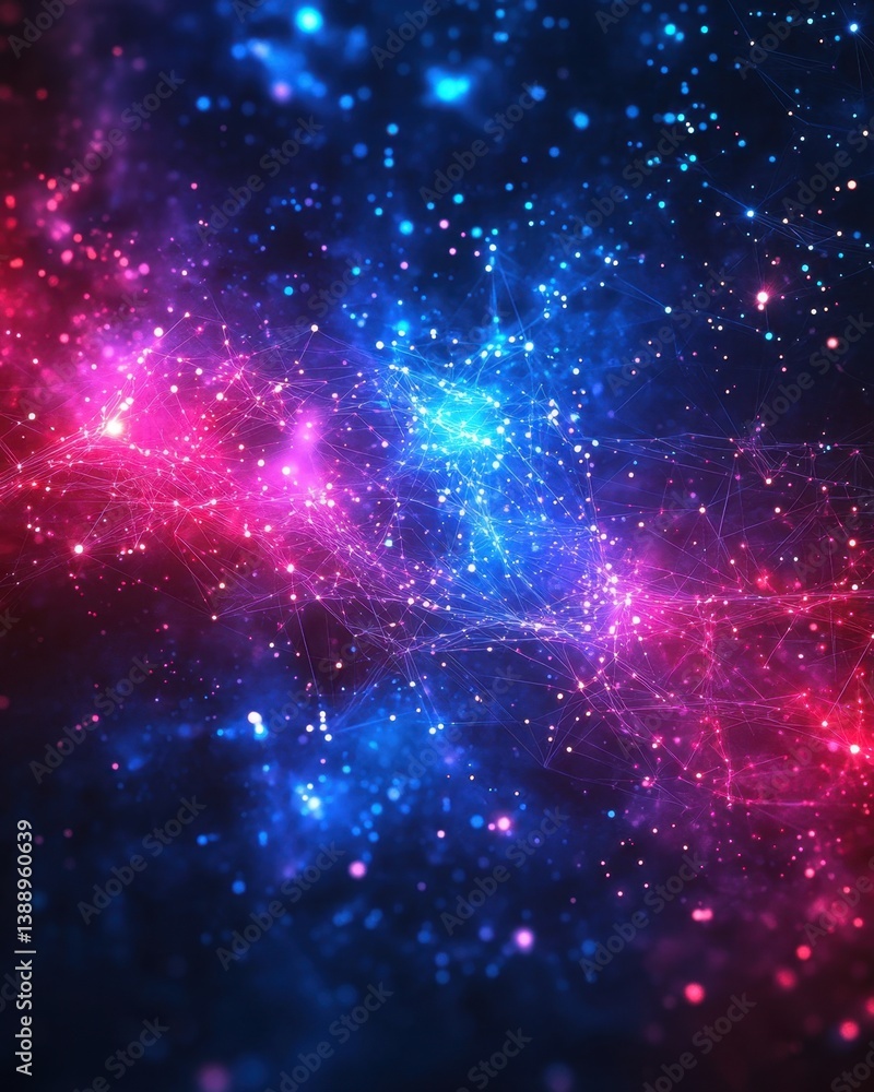 Poster abstract cosmic network of interconnected nodes and glowing particles in vibrant pink and blue hues 