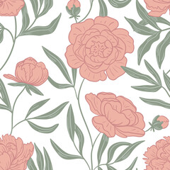 pattern with peonies and leaves drawn in cartoon style