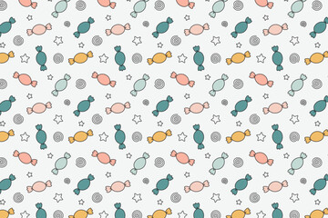 Colorful Candy Seamless Repeat Pattern with Stars and Swirls Sweet Treats Design