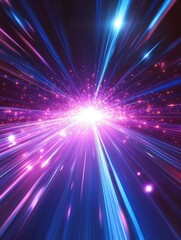Abstract cosmic burst of light and energy radiating outward in vibrant blue and purple hues creating a dynamic and futuristic visual effect