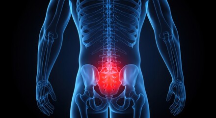 A Striking 3D Medical Illustration of a Glowing Blue Translucent Human Body with a Red Highlight on the Lower Spine for Healthcare and Anatomical Study