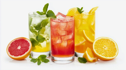 This image showcases a vibrant and refreshing arrangement of drinks infused with citrus slices and fresh mint leaves. The glasses are filled with clear, ice-cold liquid, showcasing floating slices of 